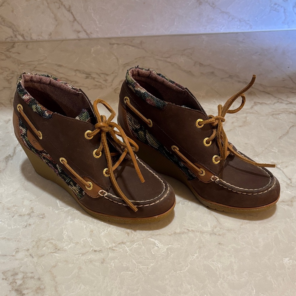 Sperry Brown Ankle Boots with Plaid Trim
